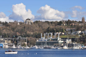 view of St Mark's Cathedral from Lake Union
