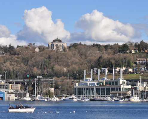 view of St Mark's Cathedral from Lake Union