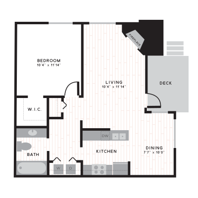 Nob Hill floor plan with one bedroom, walk in closet, 3 social spaces, and 1 bathroom 